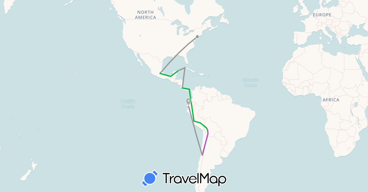 TravelMap itinerary: bus, plane, train in Bolivia, Chile, Costa Rica, Cuba, Ecuador, Mexico, Panama, Peru, United States (North America, South America)